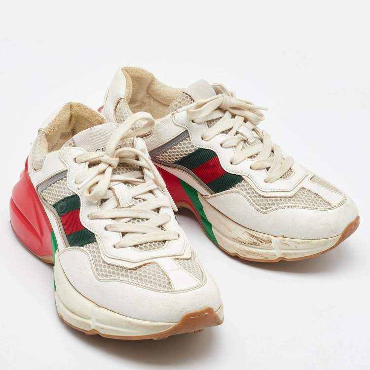 Pre Owned Gucci White Leather and Mesh Web Detail Rhyton Low Top Sneakers Size 37.5
