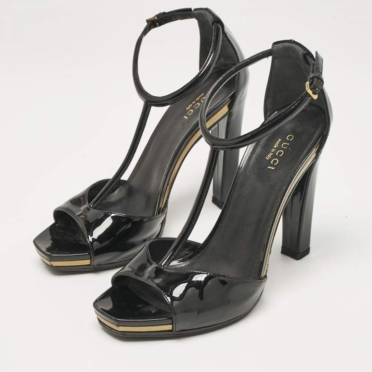 Pre Owned Gucci Black Patent Leather T- Strap Sandals Size 36.5