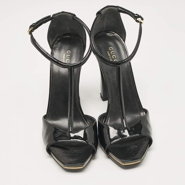 Pre Owned Gucci Black Patent Leather T- Strap Sandals Size 36.5