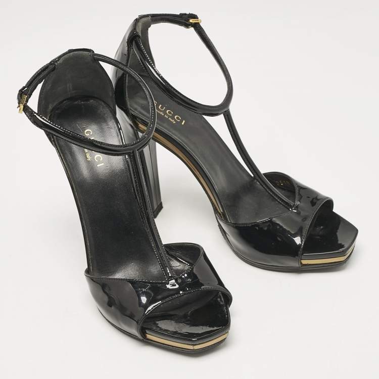 Pre Owned Gucci Black Patent Leather T- Strap Sandals Size 36.5