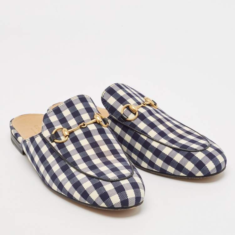 Pre Owned Gucci Black/White Canvas and Leather Princetown Mules Sandals Size 38