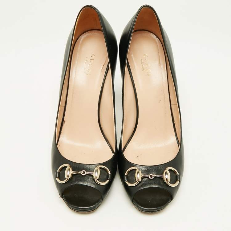 Pre Owned Gucci Black Leather New Hollywood Horsebit Peep Toe Pumps Size 38.5