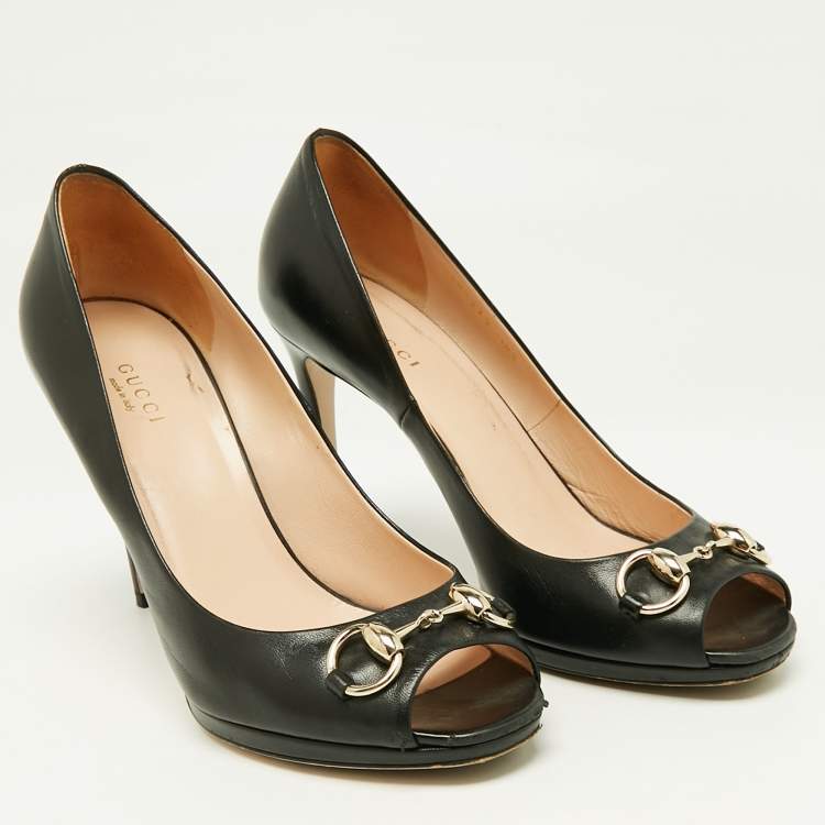 Pre Owned Gucci Black Leather New Hollywood Horsebit Peep Toe Pumps Size 38.5