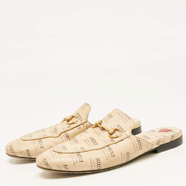 Pre Owned Gucci Beige Logo Stamp Leather Princetown Flat Mules Size 36