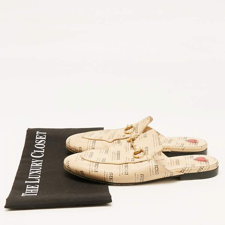 Pre Owned Gucci Beige Logo Stamp Leather Princetown Flat Mules Size 36