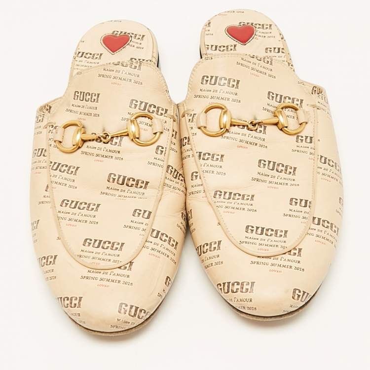 Pre Owned Gucci Beige Logo Stamp Leather Princetown Flat Mules Size 36