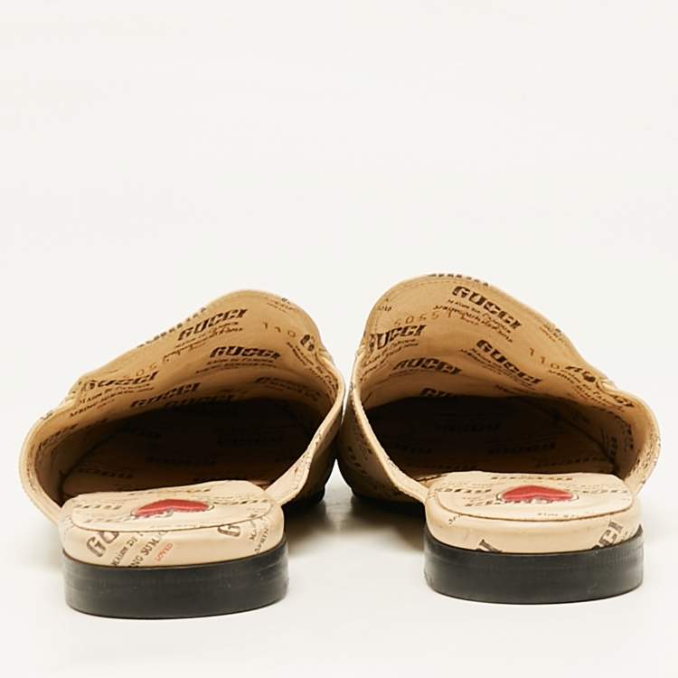 Pre Owned Gucci Beige Logo Stamp Leather Princetown Flat Mules Size 36