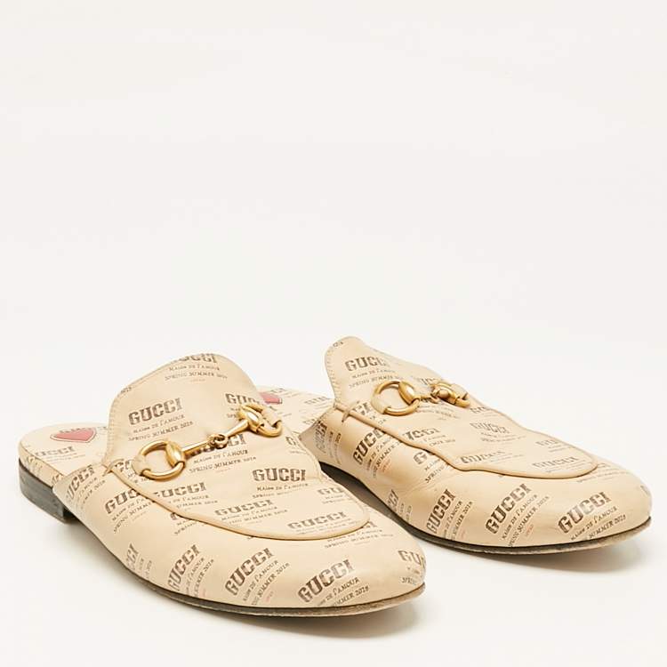 Pre Owned Gucci Beige Logo Stamp Leather Princetown Flat Mules Size 36