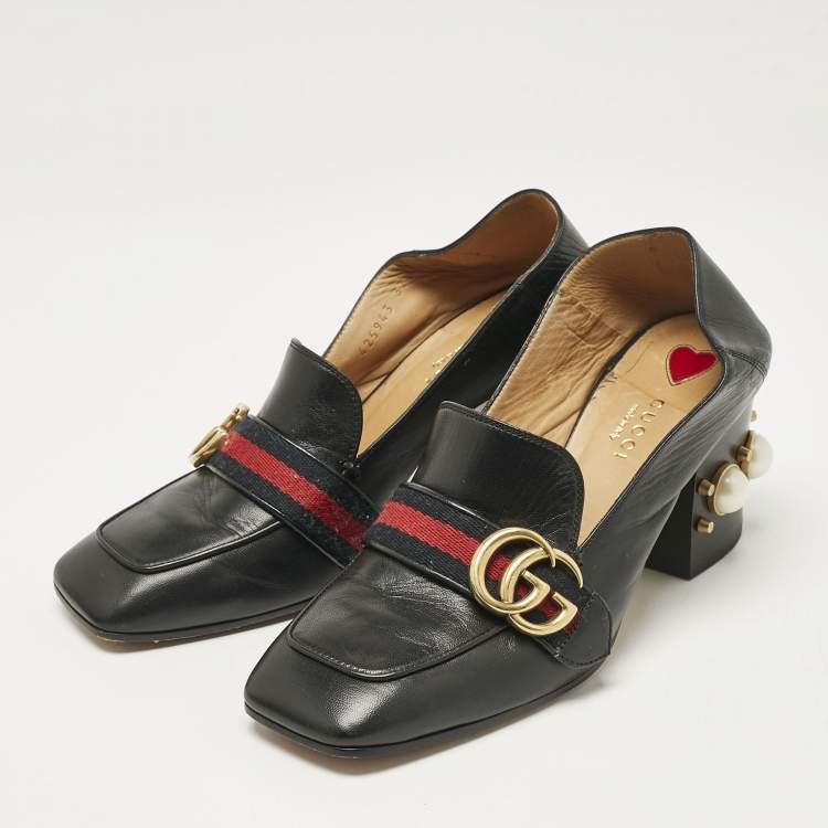 Pre Owned Gucci Black Leather GG Pearl Studded Loafer Pumps Size 37.5