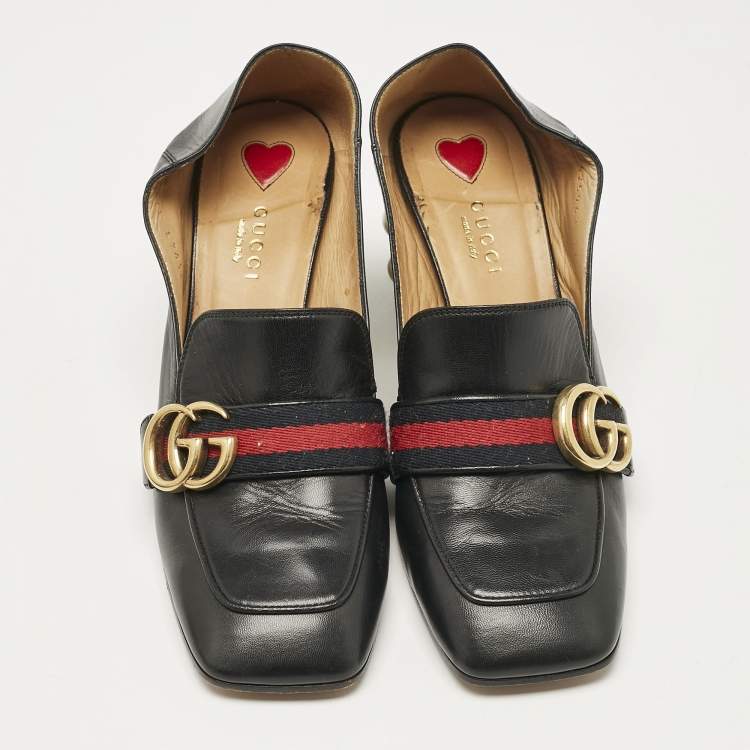 Pre Owned Gucci Black Leather GG Pearl Studded Loafer Pumps Size 37.5