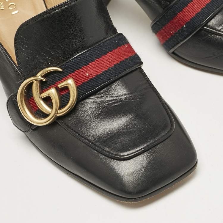 Pre Owned Gucci Black Leather GG Pearl Studded Loafer Pumps Size 37.5