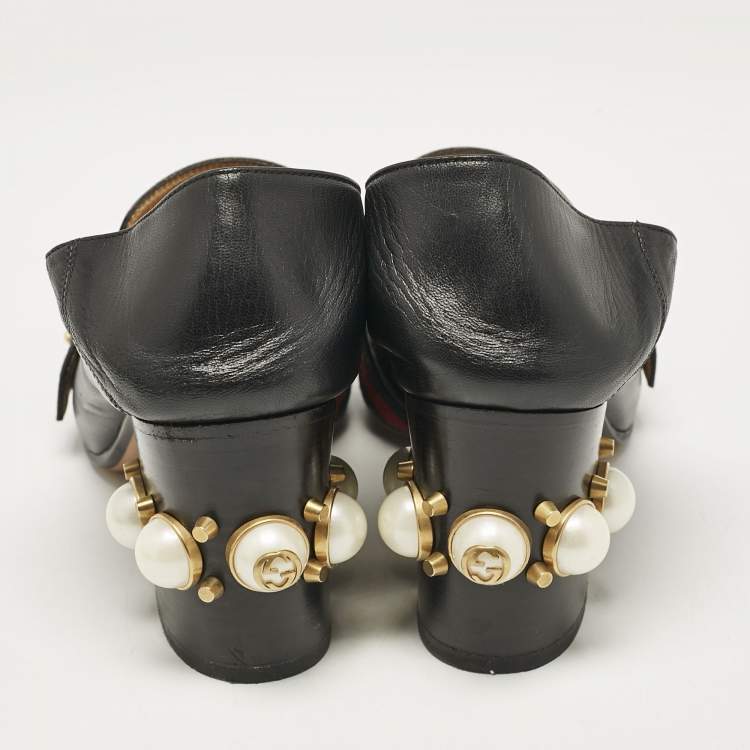 Pre Owned Gucci Black Leather GG Pearl Studded Loafer Pumps Size 37.5