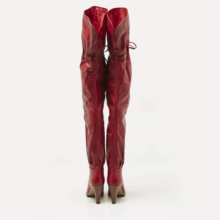 Pre Owned Gucci Red Leather Trish Over the Knee Boots Size 36