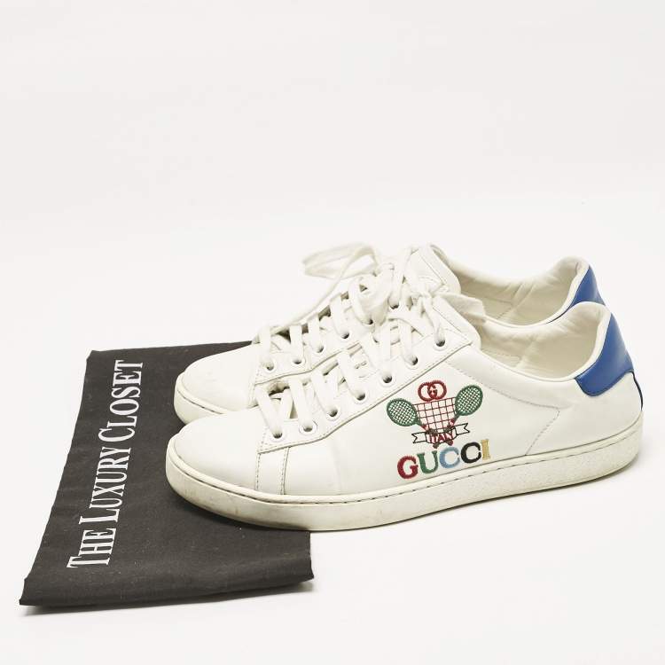 Pre Owned Gucci White/Blue Leather Tennis Embroidered Low Top Sneakers Size 37.5