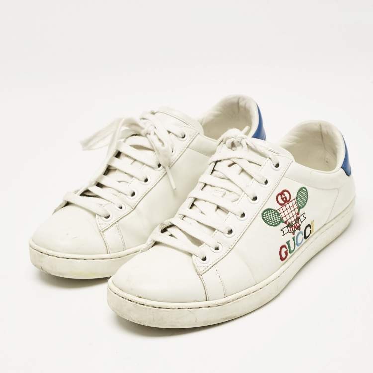 Pre Owned Gucci White/Blue Leather Tennis Embroidered Low Top Sneakers Size 37.5