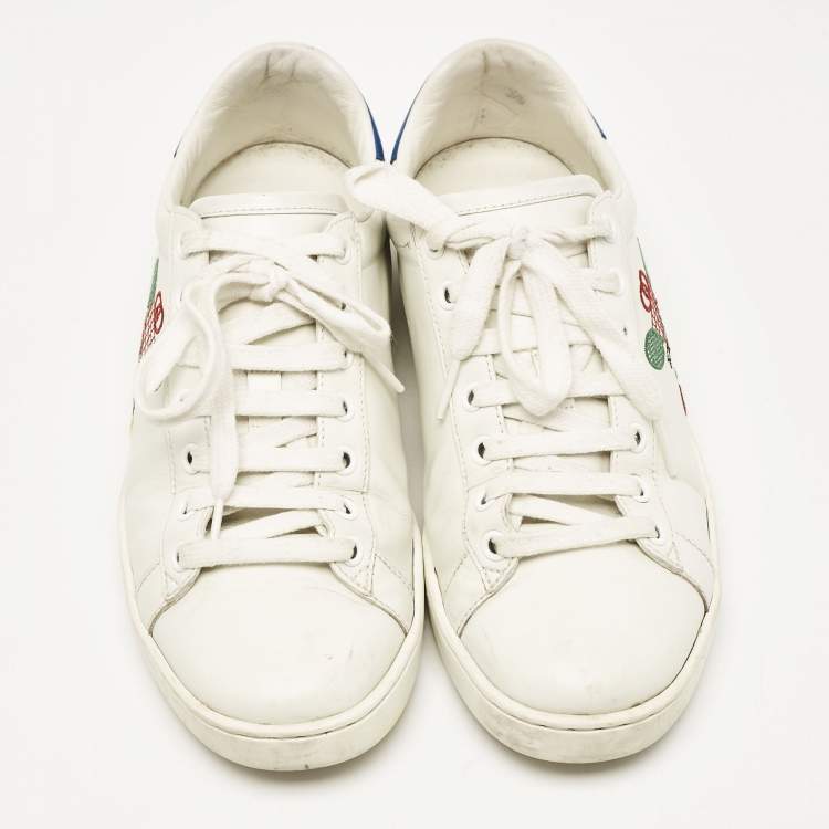 Pre Owned Gucci White/Blue Leather Tennis Embroidered Low Top Sneakers Size 37.5