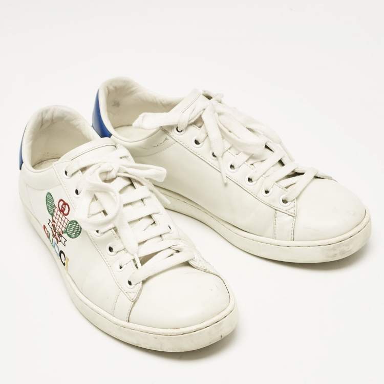 Pre Owned Gucci White/Blue Leather Tennis Embroidered Low Top Sneakers Size 37.5