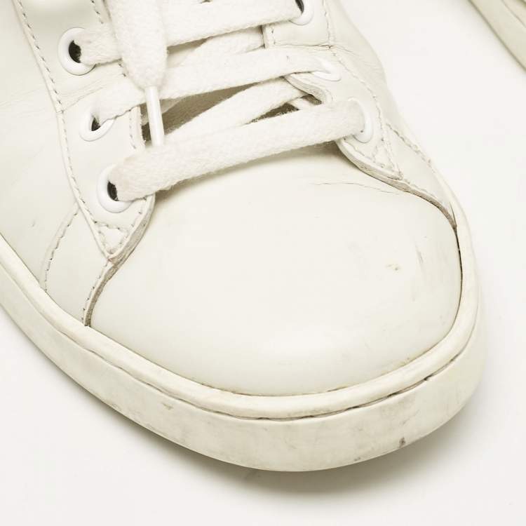 Pre Owned Gucci White/Blue Leather Tennis Embroidered Low Top Sneakers Size 37.5