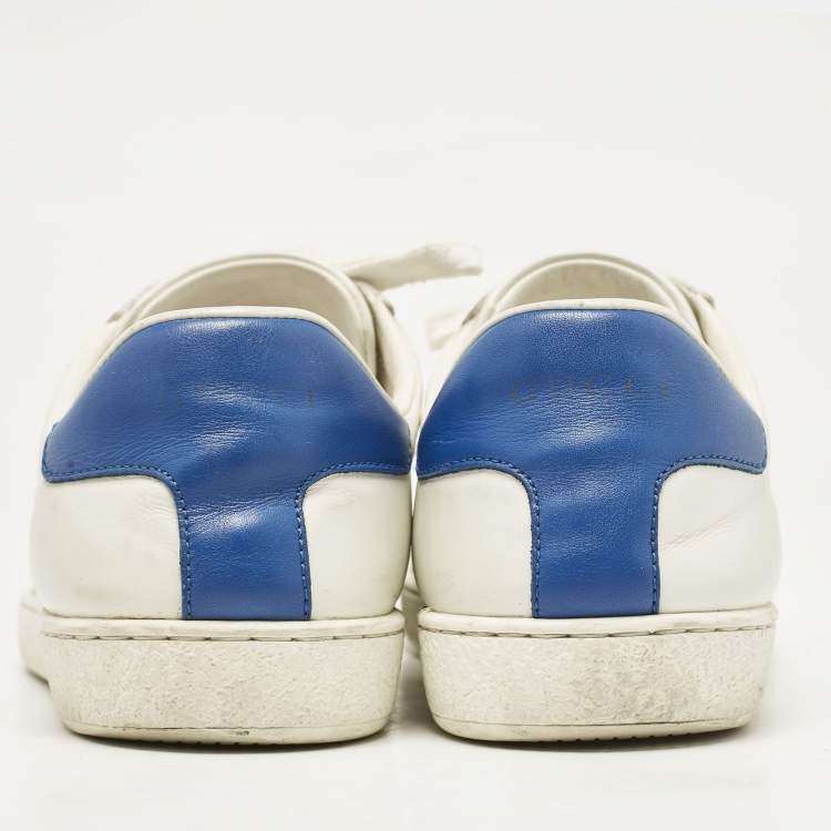 Pre Owned Gucci White/Blue Leather Tennis Embroidered Low Top Sneakers Size 37.5
