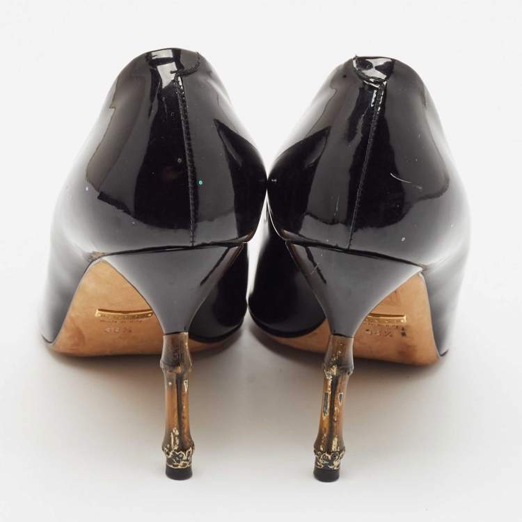 Pre Owned Gucci Black Patent Leather Kristen Pointed Toe Bamboo Heel Pumps Size 38.5