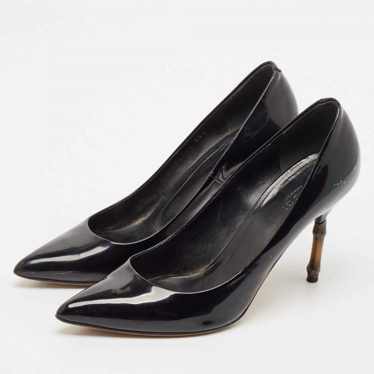 Pre Owned Gucci Black Patent Leather Kristen Pointed Toe Bamboo Heel Pumps Size 38.5