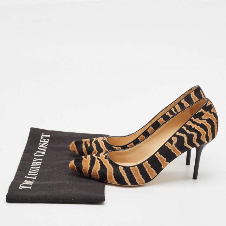 Pre Owned Gucci Beige Black/Black Calf Hair Pointed Toe Pumps Size 36.5