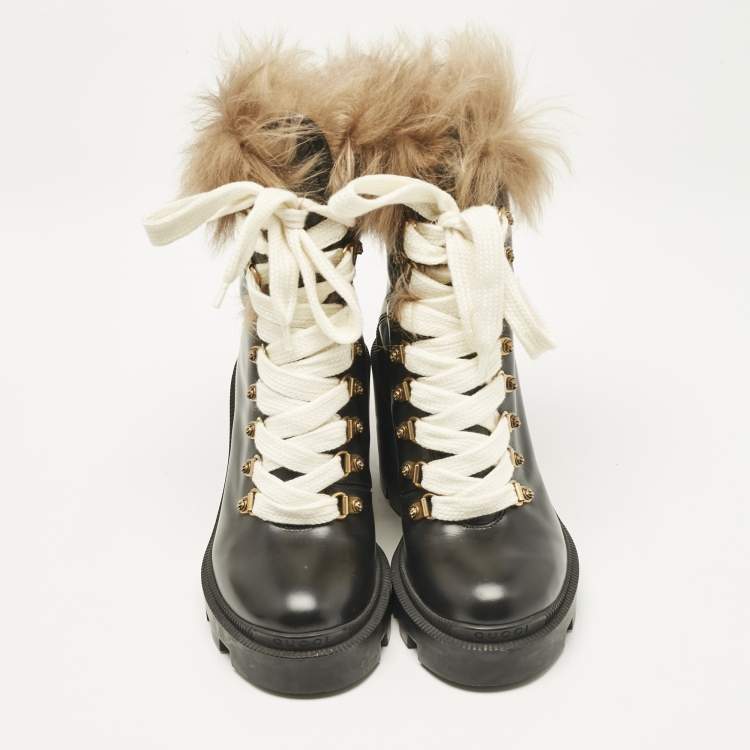 Pre Owned Gucci Black Leather and Shearling Fur Magnum Ankle Length Boots Size 35.5