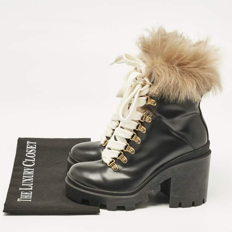 Pre Owned Gucci Black Leather and Shearling Fur Magnum Ankle Length Boots Size 35.5