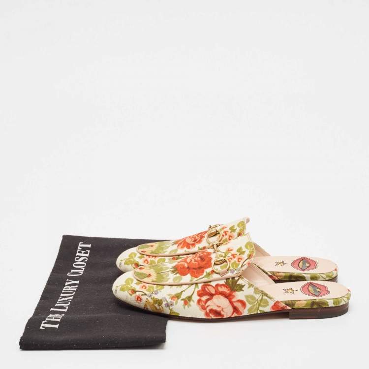 Pre Owned Gucci Multicolor Floral Canvas Princetown Horsebit Flat Mules Size 38