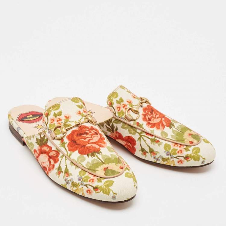 Pre Owned Gucci Multicolor Floral Canvas Princetown Horsebit Flat Mules Size 38