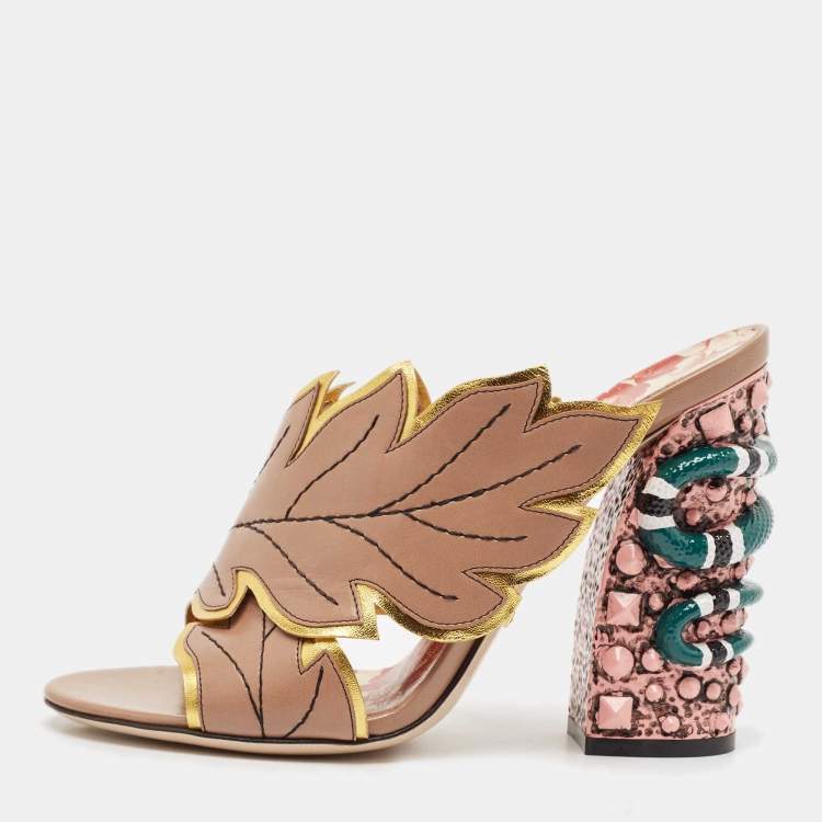 Pre Owned Gucci Beige Leather Leaves Crossover Embellished Heel Peep Toe Mules Size 37.5