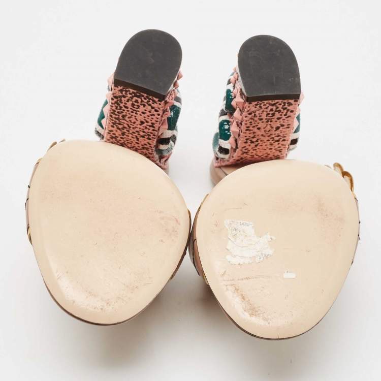Pre Owned Gucci Beige Leather Leaves Crossover Embellished Heel Peep Toe Mules Size 37.5