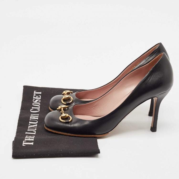 Pre Owned Gucci Black Leather Jolene Horsebit Pumps Size 39
