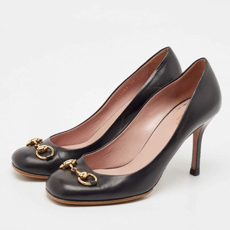 Pre Owned Gucci Black Leather Jolene Horsebit Pumps Size 39