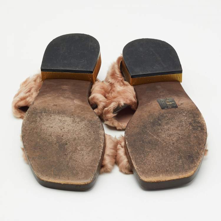 Pre Owned Gucci Beige Fur Slingback Sandals Size 37