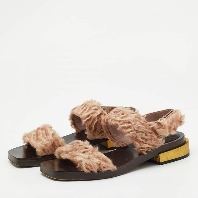 Pre Owned Gucci Beige Fur Slingback Sandals Size 37
