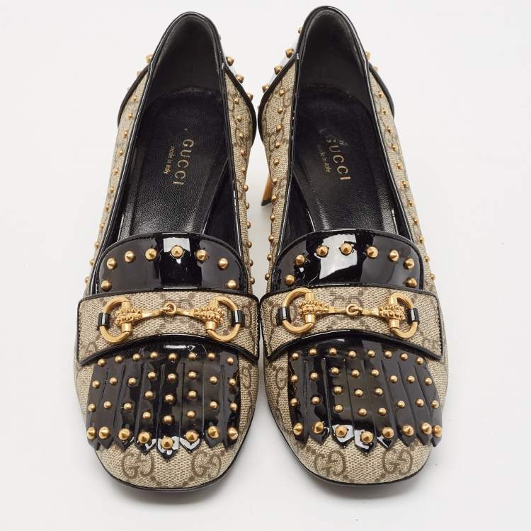 Pre Owned Gucci Beige/Black GG Supreme Canvas and Patent Leather Studded Fringe Loafer Pumps Size 38