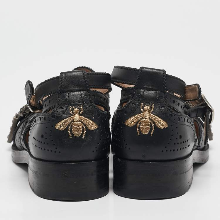 Pre Owned Gucci Black Leather Bee Embroidered Queercore  Monk Strap Loafers Size  37.5   