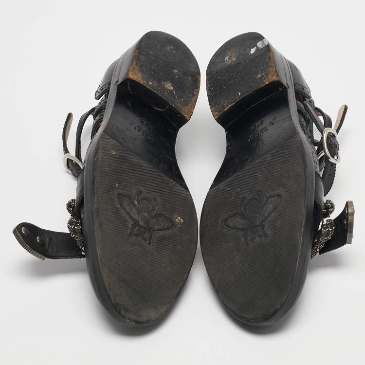 Pre Owned Gucci Black Leather Bee Embroidered Queercore  Monk Strap Loafers Size  37.5   