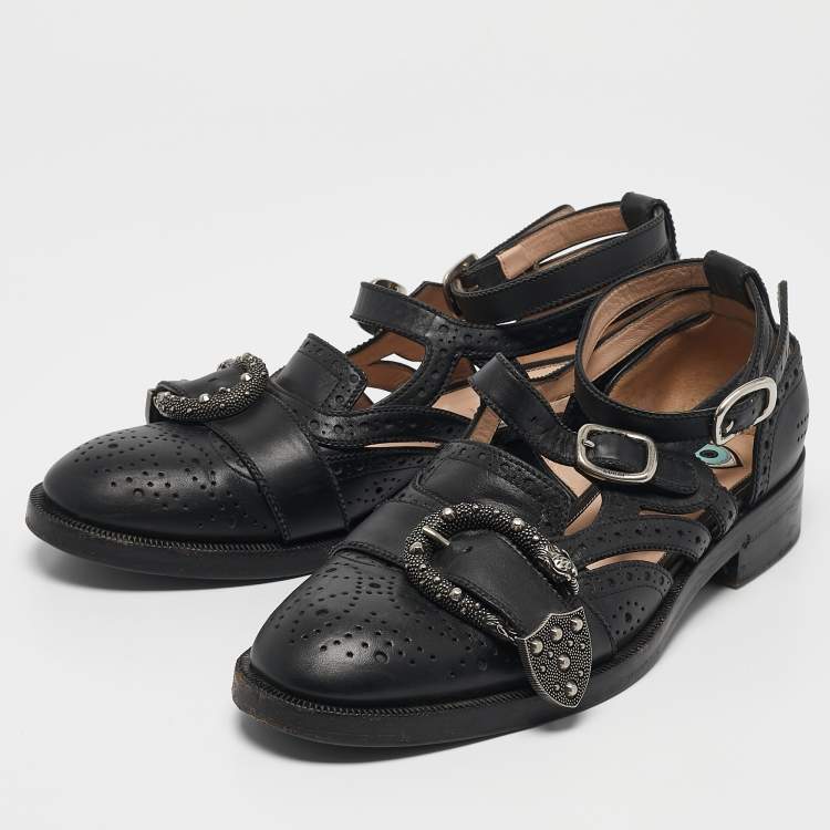Pre Owned Gucci Black Leather Bee Embroidered Queercore  Monk Strap Loafers Size  37.5   