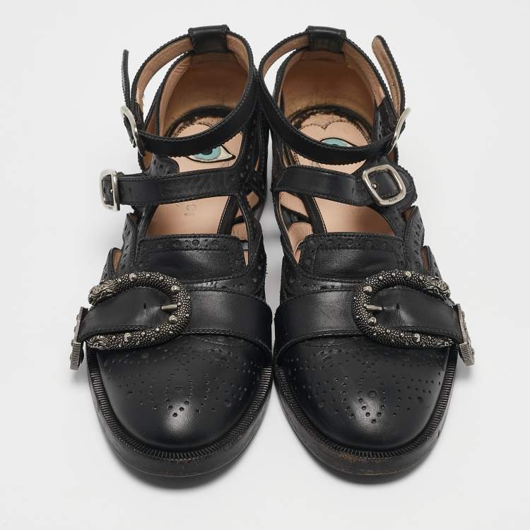 Pre Owned Gucci Black Leather Bee Embroidered Queercore  Monk Strap Loafers Size  37.5   