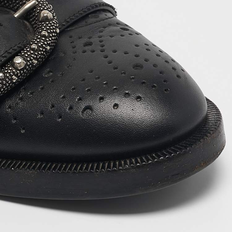 Pre Owned Gucci Black Leather Bee Embroidered Queercore  Monk Strap Loafers Size  37.5   