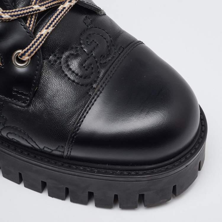 Pre Owned Gucci Black GG Quilted Leather Lace Up Platform Combat Boots size 36.5