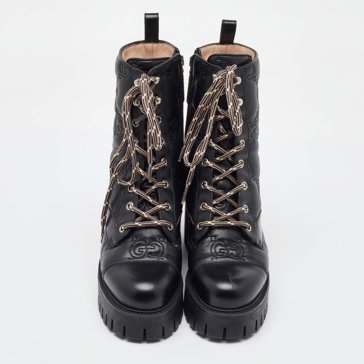 Pre Owned Gucci Black GG Quilted Leather Lace Up Platform Combat Boots size 36.5