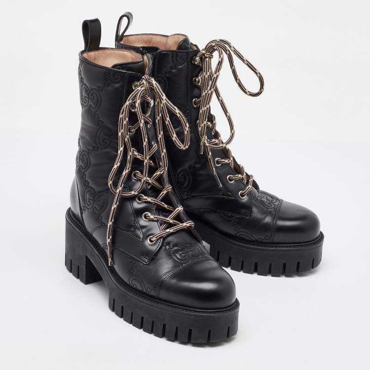 Pre Owned Gucci Black GG Quilted Leather Lace Up Platform Combat Boots size 36.5