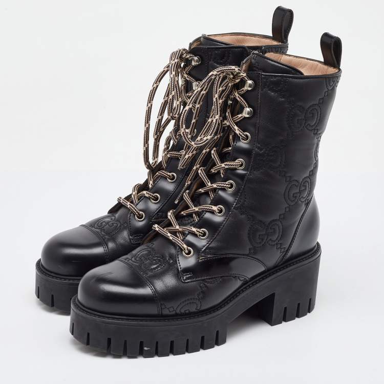 Pre Owned Gucci Black GG Quilted Leather Lace Up Platform Combat Boots size 36.5