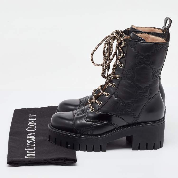 Pre Owned Gucci Black GG Quilted Leather Lace Up Platform Combat Boots size 36.5