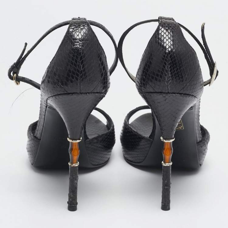 Pre Owned Gucci Black Snakeskin Leather Ankle Strap Sandals Size 39
