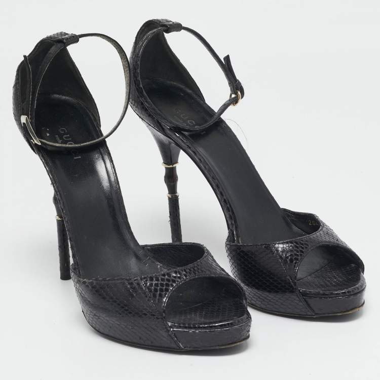 Pre Owned Gucci Black Snakeskin Leather Ankle Strap Sandals Size 39