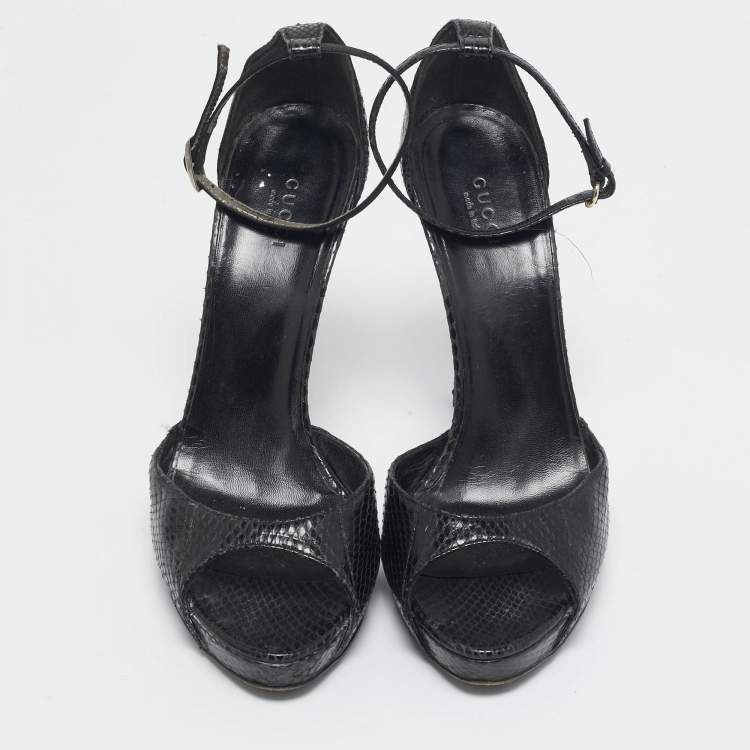 Pre Owned Gucci Black Snakeskin Leather Ankle Strap Sandals Size 39